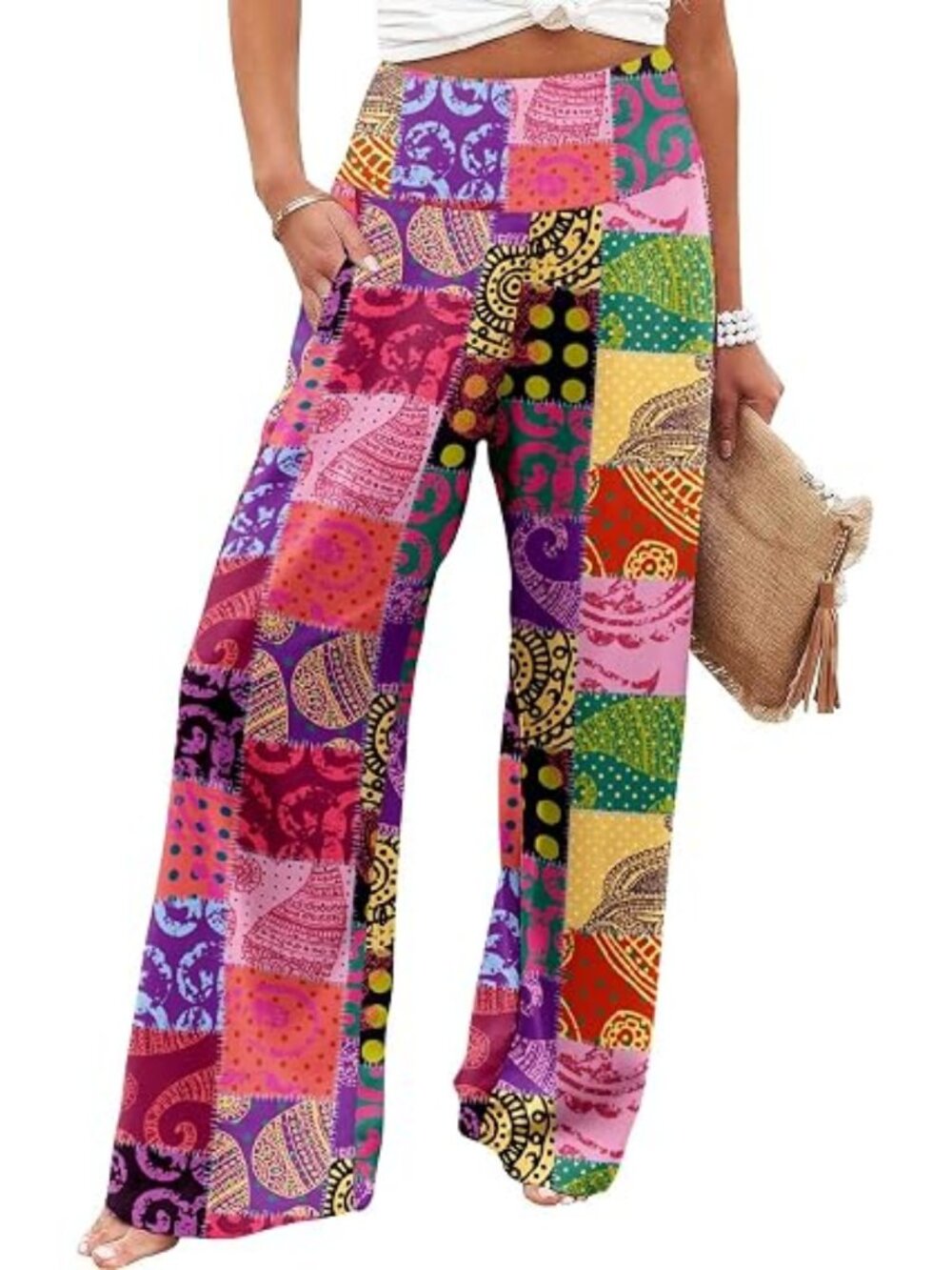 " Vibrant Patchwork" LNC Stretchy Wide Leg Lounge Palazzo Pants w/Pockets 3XL